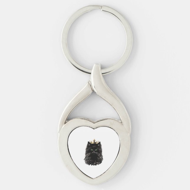 Schwarze Katze mit einer Kronen-DIgital-Kunst Schlüsselanhänger (Vorderseite)