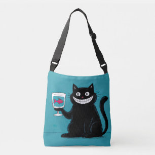 Schwarze Katze mit Fisch in einem Glas Tragetaschen Mit Langen Trägern