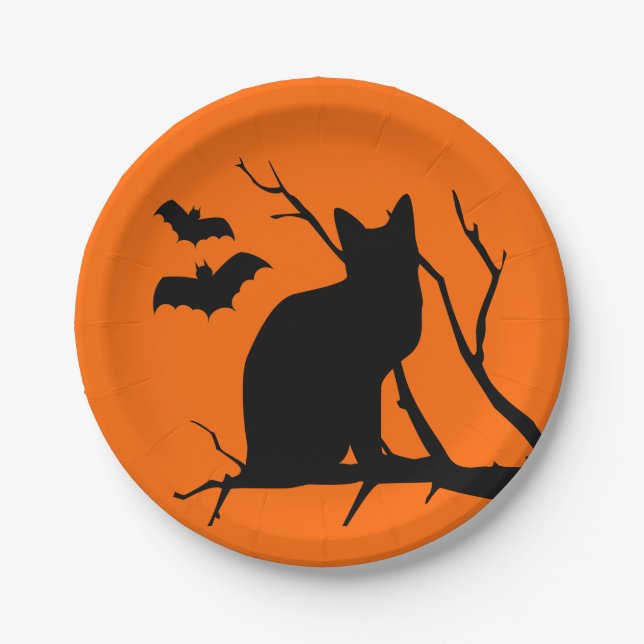 Schwarze Katze mit Fledermäusen-Halloween-Party-Te Pappteller (Vorderseite)