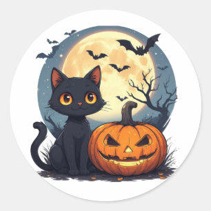 Schwarze Katze mit fliegenden Fledermäusen Hallowe Runder Aufkleber