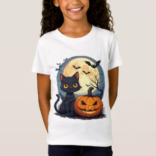 Schwarze Katze mit fliegenden Fledermäusen Hallowe T-Shirt