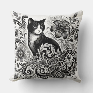 Schwarze Katze mit floralen Mustern in einfarbiger Kissen