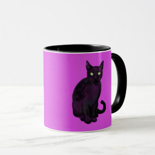 Schwarze Katze mit Fuchsienhintergrund Tasse