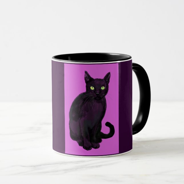 Schwarze Katze mit Fuchsienhintergrund Tasse (VorderseiteRechts)