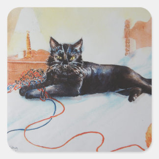 Schwarze Katze mit Garn Quadratischer Aufkleber