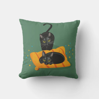 Schwarze Katze mit gelbem Vogel / 2 schwarze Katze Kissen