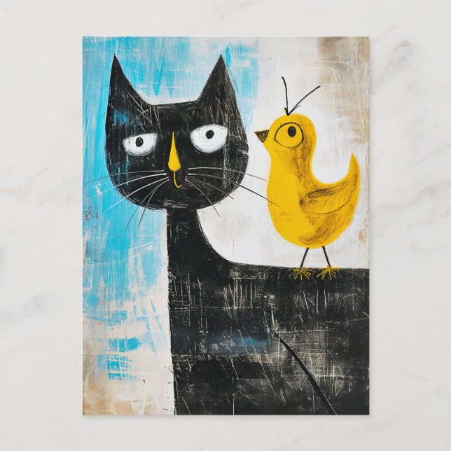 Schwarze Katze mit gelbem Vogel auf der Rückseite Postkarte (Vorderseite)