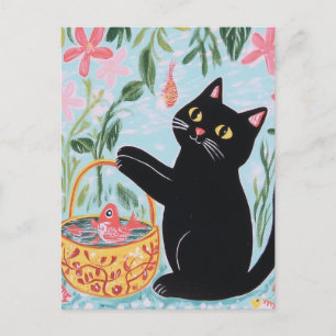 Schwarze Katze mit Goldfish Postkarte