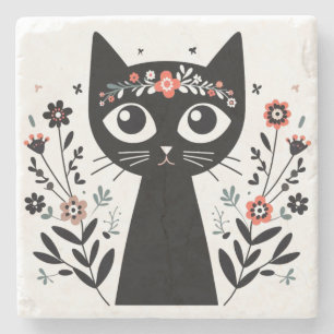 Schwarze Katze mit großen Augen, umgeben von Blume Steinuntersetzer