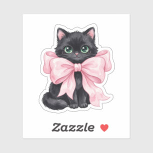 Schwarze Katze mit großer rosa Schleife Halloween Aufkleber