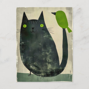 Schwarze Katze mit grünem Vogel auf Schwanz Postkarte