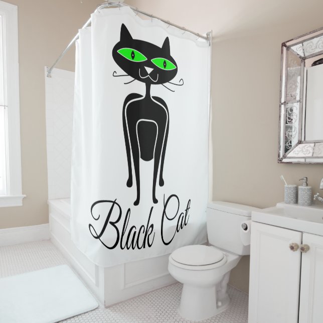 Schwarze Katze mit grünen Augen Duschvorhang (Beispiel)