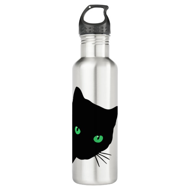 Schwarze Katze mit grünen Augen Edelstahlflasche (Vorderseite)