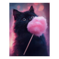 Schwarze Katze mit grünen Augen hält Süßigkeiten a