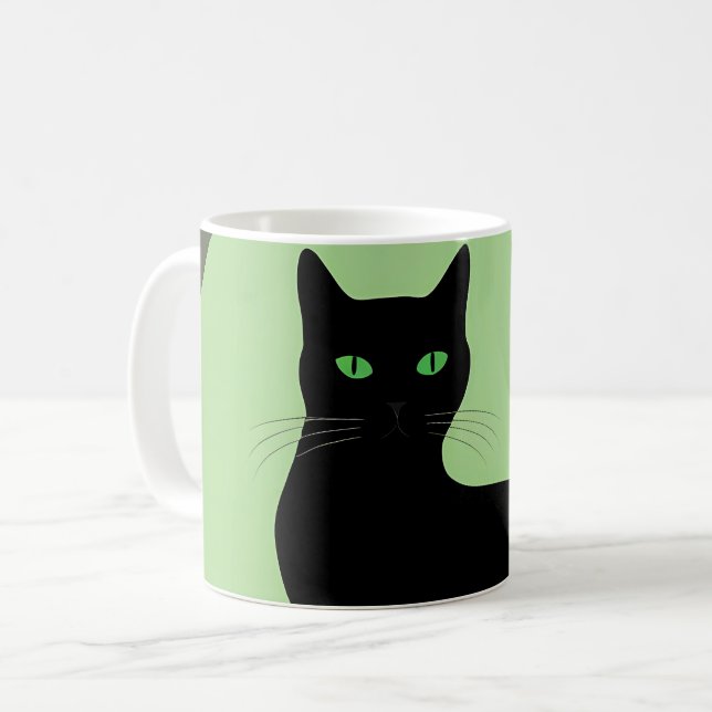 Schwarze Katze mit grünen Augen Kaffeetasse (Vorderseite Links)