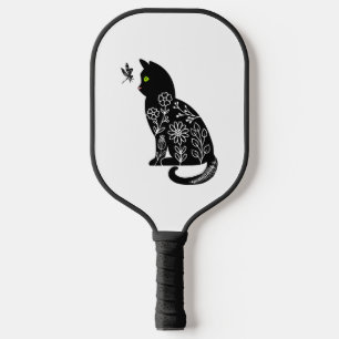 Schwarze Katze mit grünen Augen Pickleball Schläger