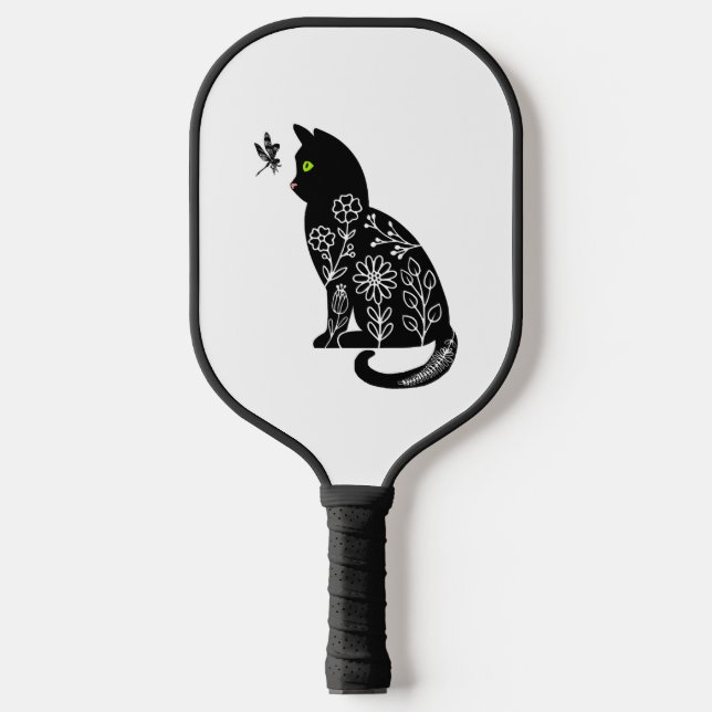 Schwarze Katze mit grünen Augen Pickleball Schläger (Vorderseite)