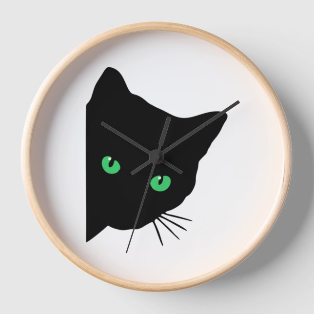 Schwarze Katze mit grünen Augen Uhr (Vorderseite)