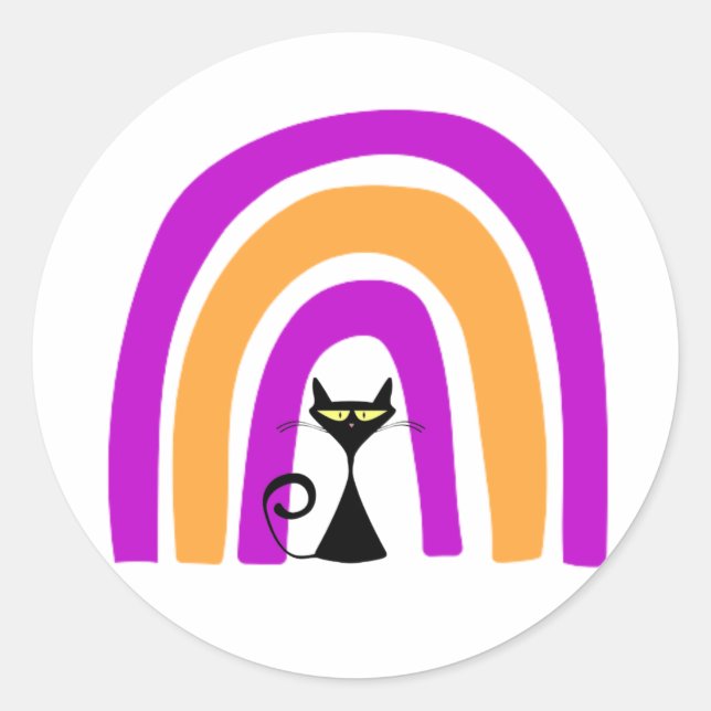 Schwarze Katze mit Halloween-farbenem Regenbogen Runder Aufkleber (Vorderseite)