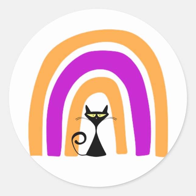 Schwarze Katze mit Halloween-farbenem Regenbogen Runder Aufkleber (Vorderseite)