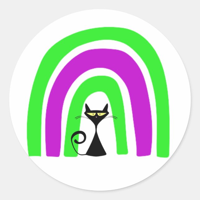 Schwarze Katze mit Halloween-farbenem Regenbogen Runder Aufkleber (Vorderseite)