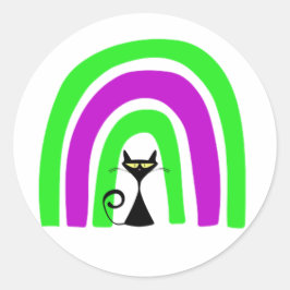 Schwarze Katze mit Halloween-farbenem Regenbogen Runder Aufkleber