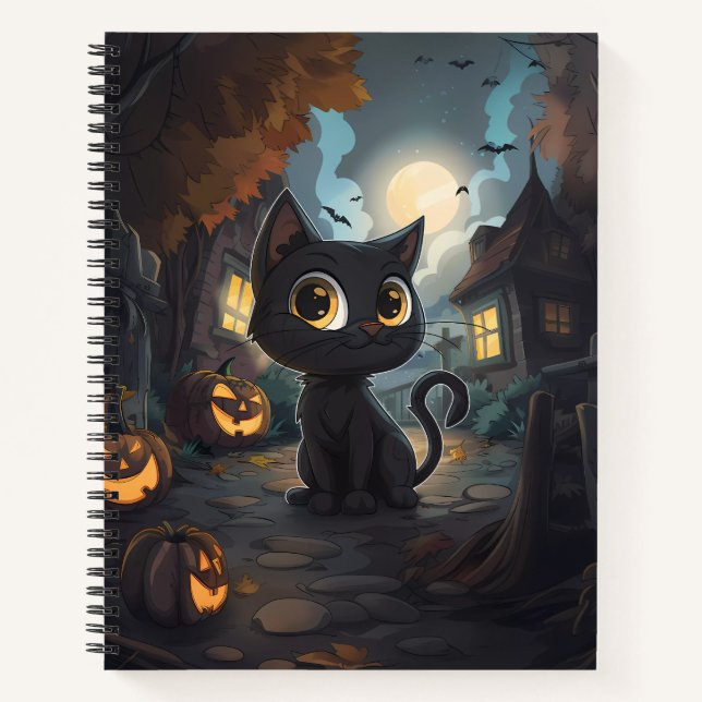 Schwarze Katze mit Halloween-Jack-o-Lanterns Notizbuch (Vorderseite)