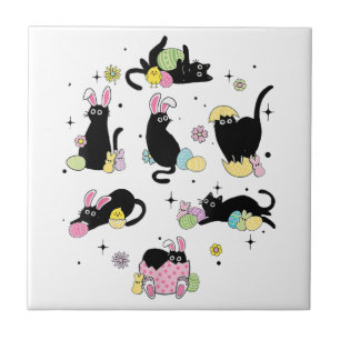 Schwarze Katze mit Haseneiern Fliese