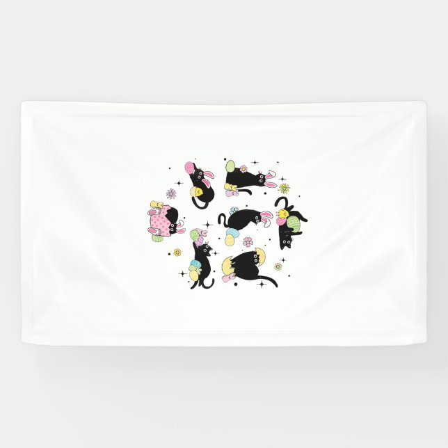 Schwarze Katze mit Haseneiern Frohen Ostertag pass Banner (Horizontal)
