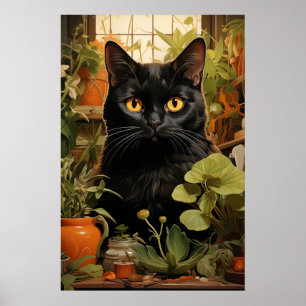 Schwarze Katze mit Häusern Poster