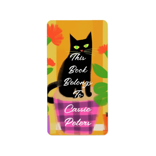 Schwarze Katze mit Hauspflanzen Dieses Buch gehört Adressaufkleber (Vorne)