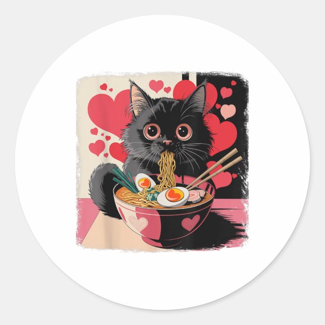 Schwarze Katze mit Herz essen Ramen Noodles auf Va Runder Aufkleber (Vorderseite)