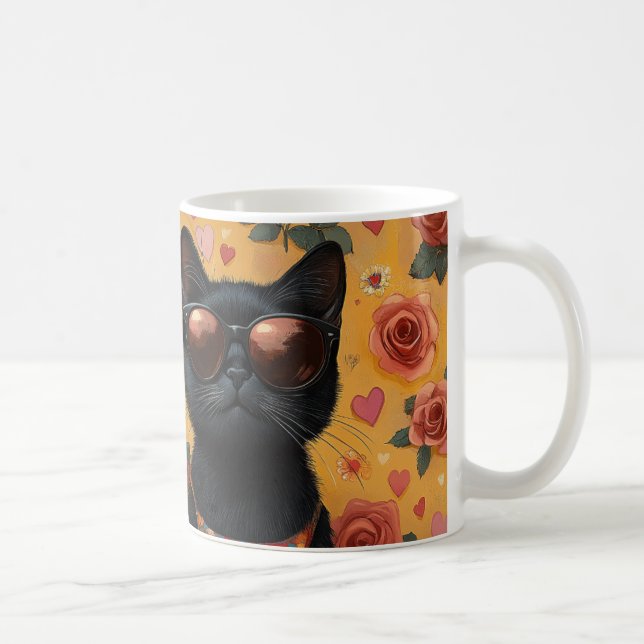 Schwarze Katze mit Herz-Rose Valentinstag Kaffeetasse (Rechts)