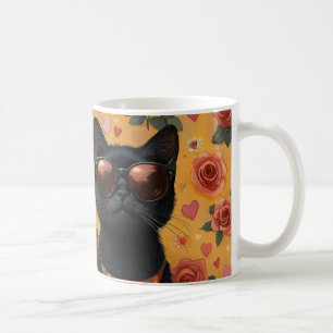 Schwarze Katze mit Herzrosen zum Valentinstag  Kaffeetasse