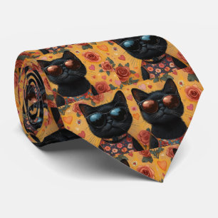 Schwarze Katze mit Herzrosen zum Valentinstag  Krawatte