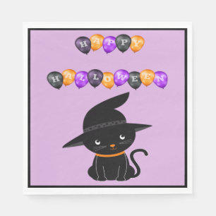 Schwarze Katze mit Hexenhut glückliche Halloween-B Serviette