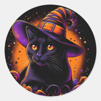 Schwarze Katze mit Hexenhut Halloween-Aufkleber Runder Aufkleber