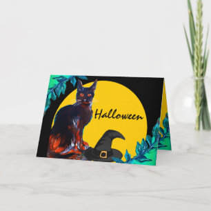 SCHWARZE KATZE MIT HEXENHUT, HALLOWEEN-PARTY KARTE