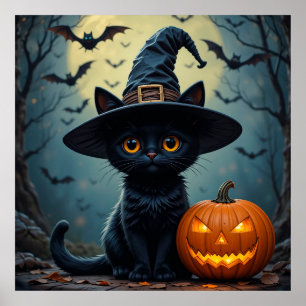 Schwarze Katze mit Hexenhut Halloween Poster