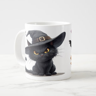 Schwarze Katze mit Hexenhut mit Halloween-Magie Jumbo-Tasse