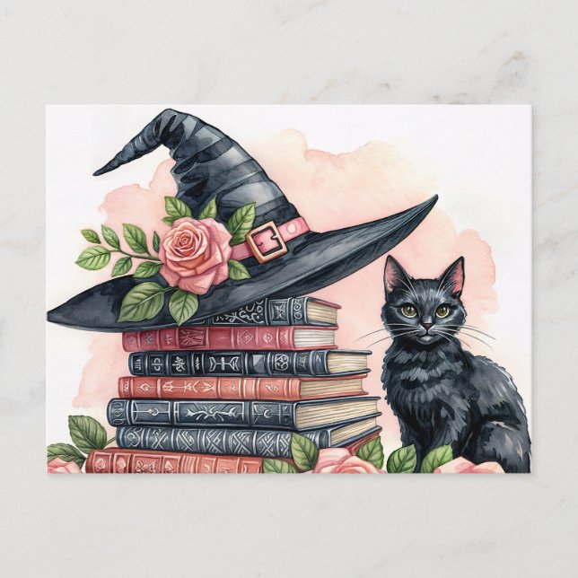 Schwarze Katze mit Hexenhut und Büchern Postkarte (Vorderseite)
