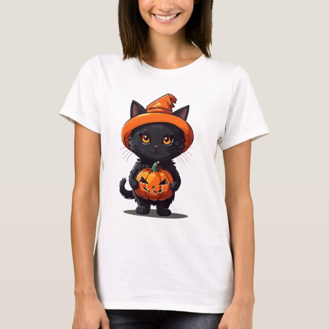 Schwarze Katze mit Hexenhut und KürbisHalloween T-Shirt (Vorderseite)