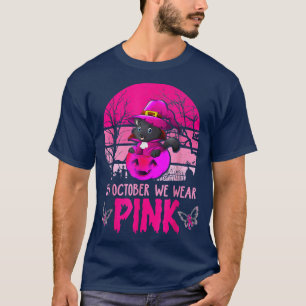 Schwarze Katze mit Hexenhut und Kürbispink, Brust T-Shirt