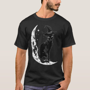 Schwarze Katze mit Hexenhut und Mond Halloween-Kos T-Shirt
