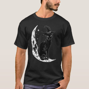 Schwarze Katze mit Hexenhut und Mond Halloween-Kos T-Shirt
