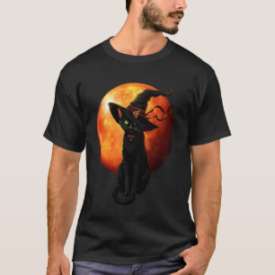 Schwarze Katze mit Hexenhut Vollmond Halloween T-Shirt