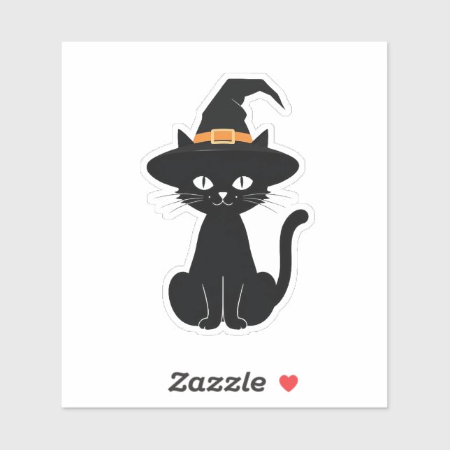 Schwarze Katze mit Hexenhutdesign (Halloween) Aufkleber (Blatt)