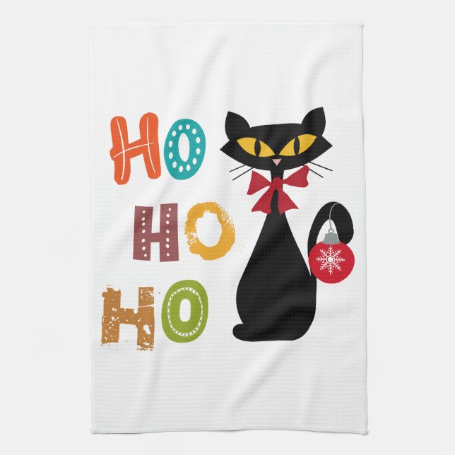 Schwarze Katze mit Ho Ho Ho Textdesign Geschirrtuch (Vertikal)