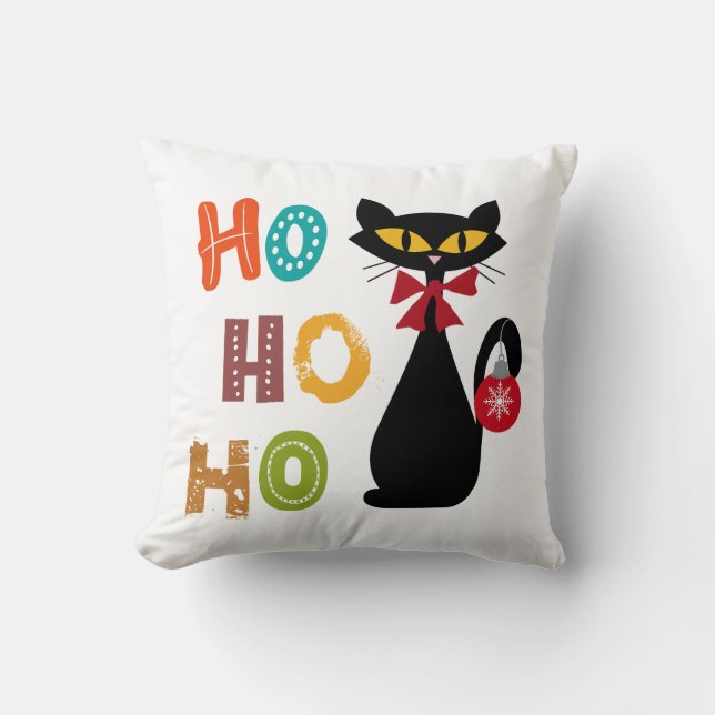 Schwarze Katze mit Ho Ho Ho Textdesign Kissen (Vorderseite)