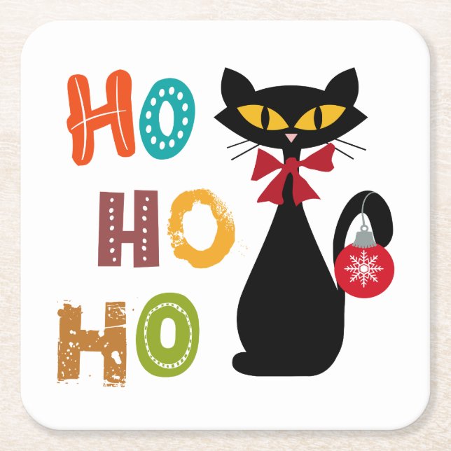 Schwarze Katze mit Ho Ho Ho Textdesign Rechteckiger Pappuntersetzer (Vorderseite)